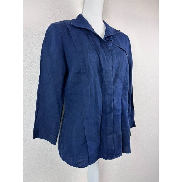 Lafayette 148 women's 6 navy blue linen pleated collared button down 3/4 sleeve - Picture 4 of 9